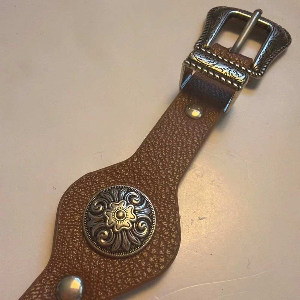 Western Brown Belt Silver Conchos Ornate Metal Buckle Boho Cowgirl Large
